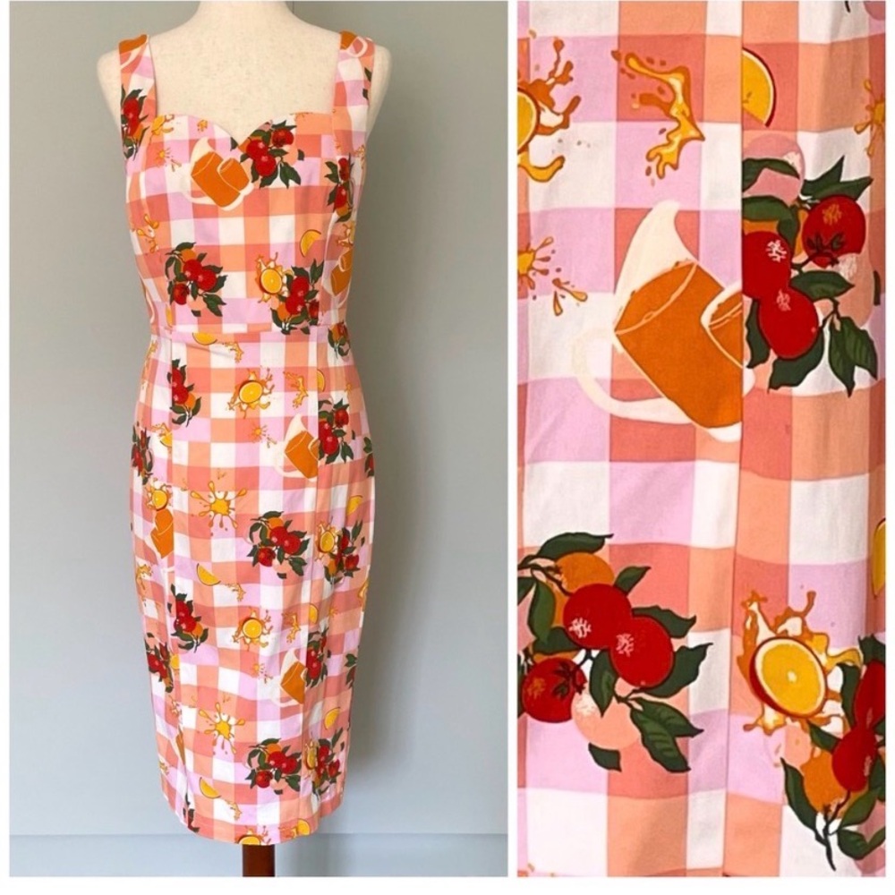 Collectif Pink and Orange Checkered Midi Dress